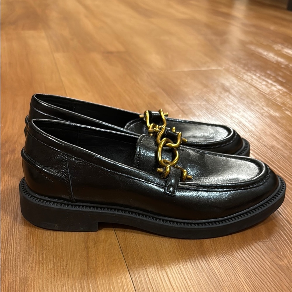 Steve Madden Black Leather Loafers with Gold Accent